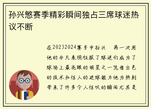 孙兴慜赛季精彩瞬间独占三席球迷热议不断